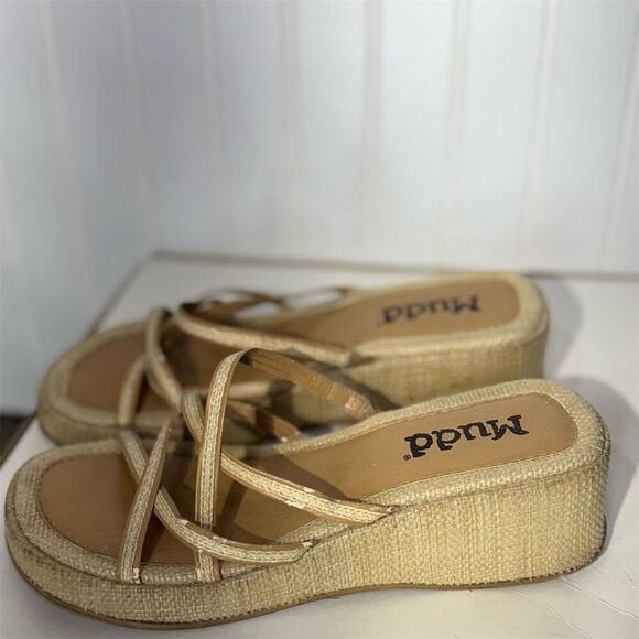Y2K Mudd Woven Platform Sandals Strappy Natural Tan 2000s Chunky Heels 9 VTG - Picture 3 of 6